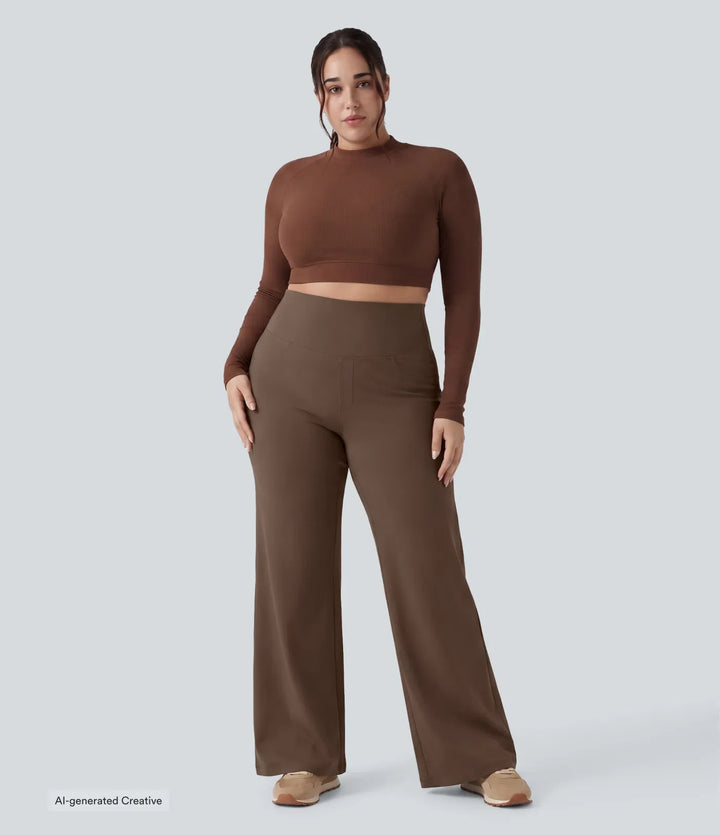 Plus size DayStretch z wysokim stanem modelujące brzuch z szeroką nogawką baggy spodnie do jogi z kieszeniami