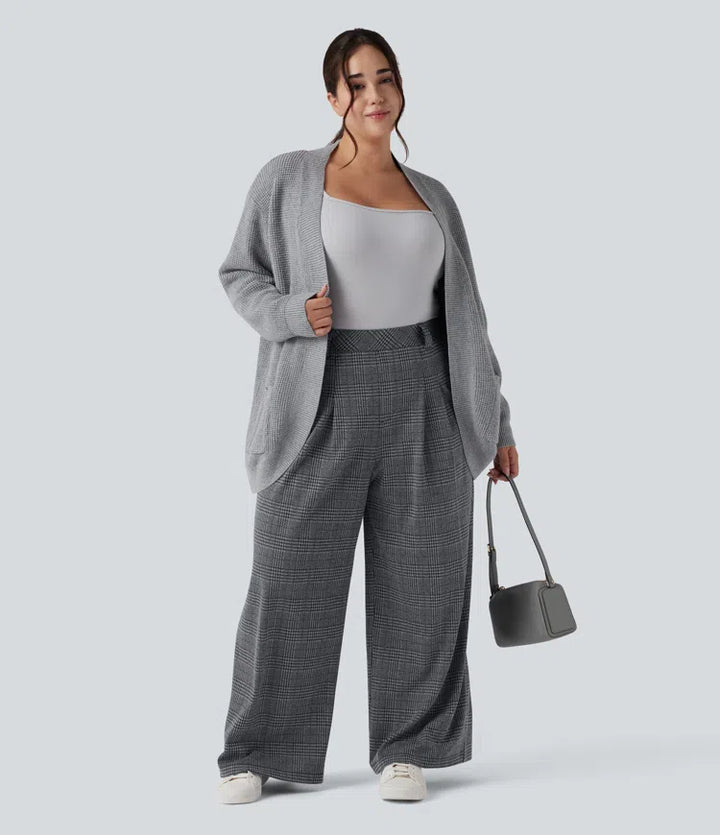 Spodnie plus size z wysokim stanem, szerokimi nogawkami i wzorem pepitki, casualowe, z kieszeniami