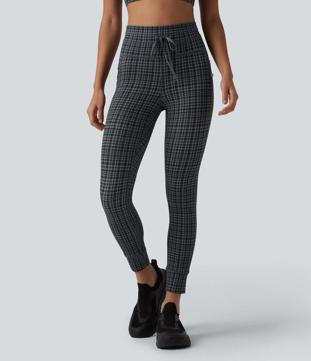 Milejka UltraSculpt Check w kratę print z wysokim stanem i sznurkiem legginsy do jogi z kieszeniami