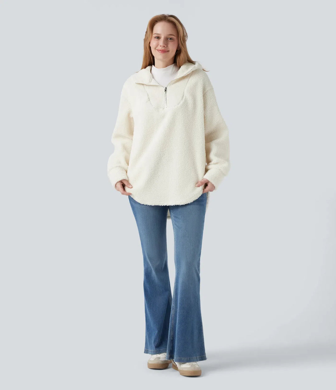 Z kapturem połowa zamek z zaokrąglonym dołem oversize na co dzień sherpa bluza z kieszeniami