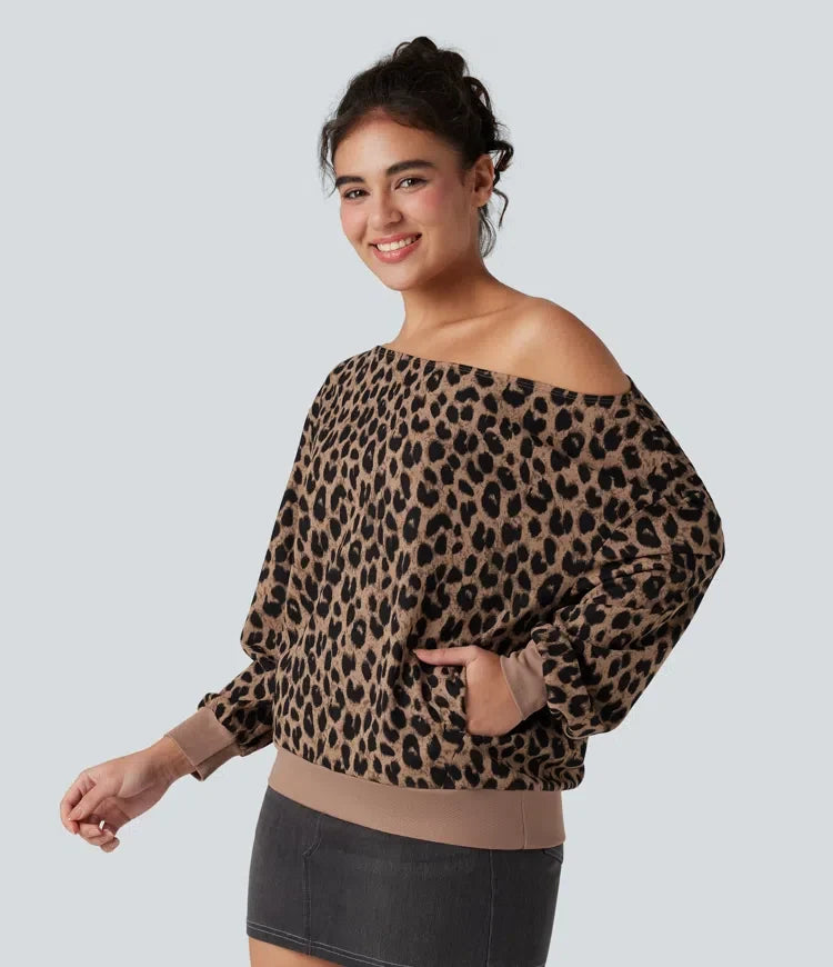 Na jedno ramię z długim rękawem waflowy Leopard bluza na co dzień z kieszeniami