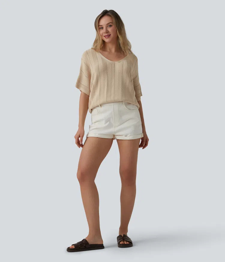Sweter na co dzień z dekoltem w serek i krótkim rękawem