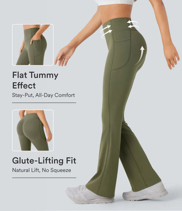 Halara UltraSculpt legginsy do jogi bootcut z wysokim stanem, marszczeniem podnoszącym pośladki, modelowaniem brzucha, modelujące sylwetkę, z kieszeniami.