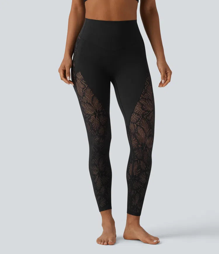 Halara UltraSculpt legginsy do jogi 7/8 z wysokim stanem, modelującym efektem na brzuch, kontrastową koronką i kieszenią