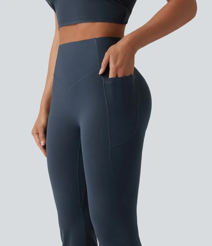 Halara UltraSculpt legginsy do jogi z wysokim stanem, marszczonym tyłem unoszącym pośladki, modelujące brzuch, z rozkloszowanymi nogawkami i kieszeniami