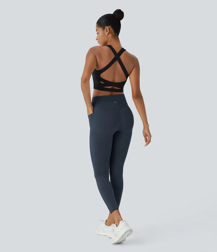 Halara UltraSculpt legginsy treningowe modelujące z wysokim stanem — efekt marszczenia podnoszący pośladki, modelowanie i kontrola brzucha, z kieszenią