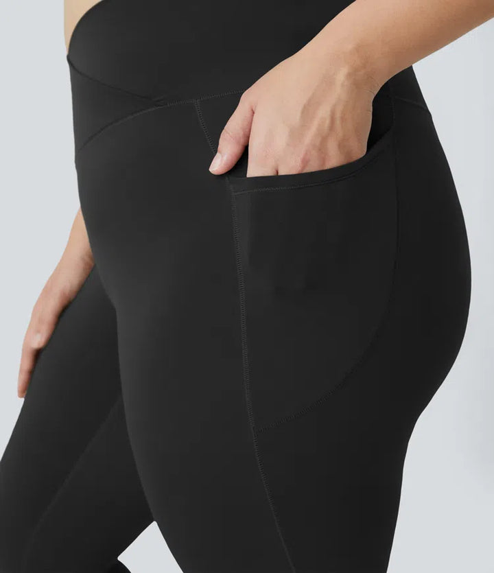 SoftlyZero legginsy z wysokim stanem, z krzyżowanym pasem, z kieszenią, gładkie, w rozmiarach plus, o pełnej długości