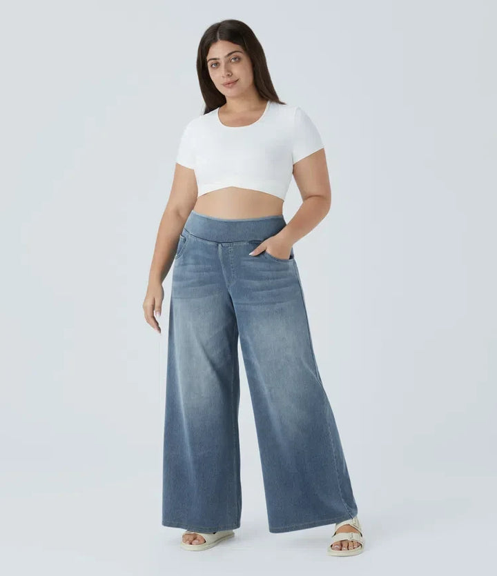 Milejka Flex z wysokim stanem i kieszeniami baggy z szeroką nogawką sprany na co dzień plus size jeansy