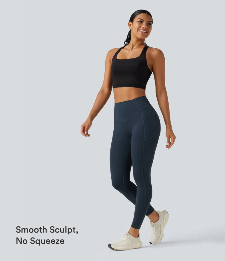 Halara UltraSculpt legginsy treningowe modelujące z wysokim stanem, marszczeniem podkreślającym pośladki, kontrolą brzucha i kieszeniami
