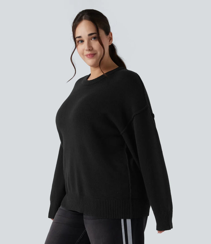 Z okrągłym dekoltem z opuszczonym ramieniem z długim rękawem na co dzień plus size sweter