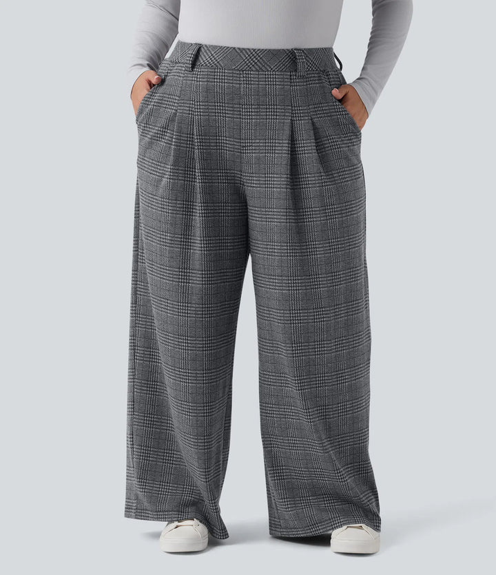 Spodnie plus size z wysokim stanem, szerokimi nogawkami i wzorem pepitki, casualowe, z kieszeniami