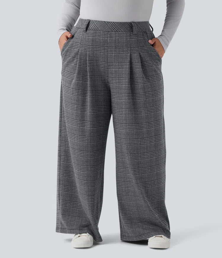 Spodnie plus size z wysokim stanem, szerokimi nogawkami i wzorem pepitki, casualowe, z kieszeniami