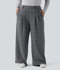 Spodnie plus size z wysokim stanem, szerokimi nogawkami i wzorem pepitki, casualowe, z kieszeniami
