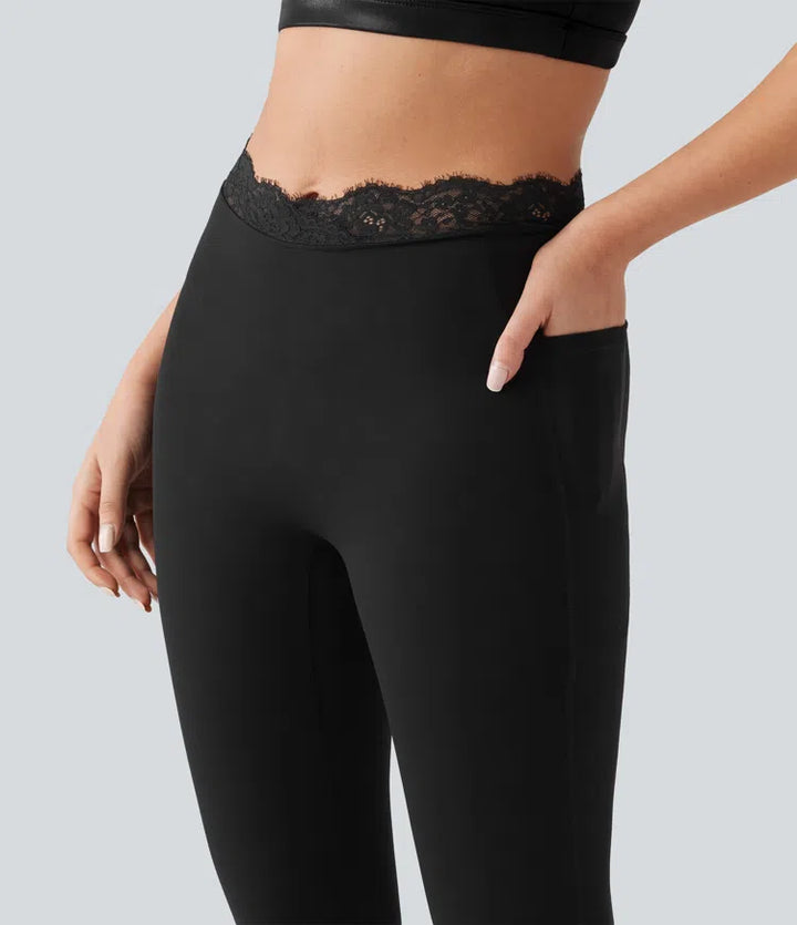 Halara UltraSculpt legginsy do jogi w kształcie litery V z wysokim stanem, kontrastową koronką i kieszeniami