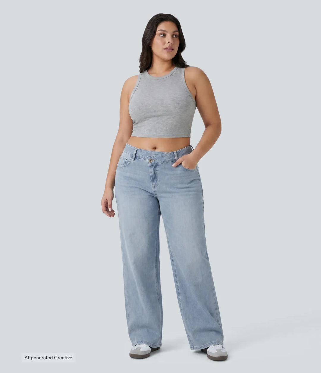 Plus size Milejka Flex asymetryczny z niskim stanem z szeroką nogawką sprany jeansy na co dzień z kieszeniami