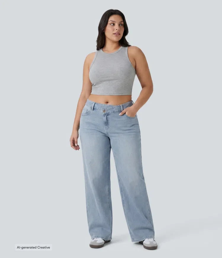 Plus size Milejka Flex asymetryczny z niskim stanem z szeroką nogawką sprany jeansy na co dzień z kieszeniami