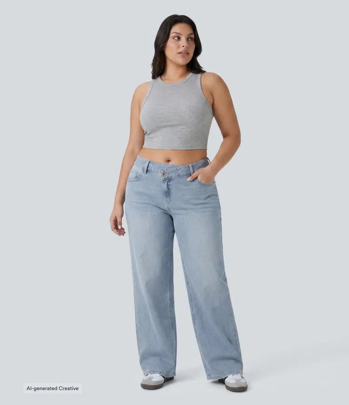 Plus size Milejka Flex asymetryczny z niskim stanem z szeroką nogawką sprany jeansy na co dzień z kieszeniami