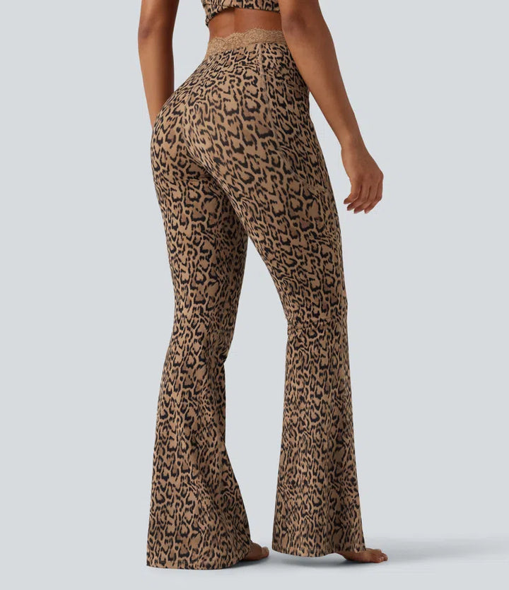 Halara UltraSculpt legginsy do jogi z kieszeniami, rozkloszowane, w panterkę, z wysokim stanem w kształcie V i kontrastową koronką