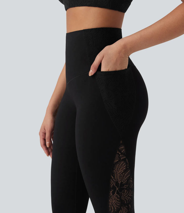 Halara UltraSculpt SoCinched legginsy treningowe o wysokim stanie, modelujące brzuch, z kontrastowymi koronkowymi detalami i kieszeniami