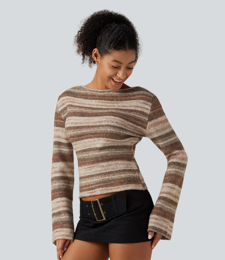 Z dekoltem łódka Bell z długim rękawem gradientowy w paski oversize sweter na co dzień