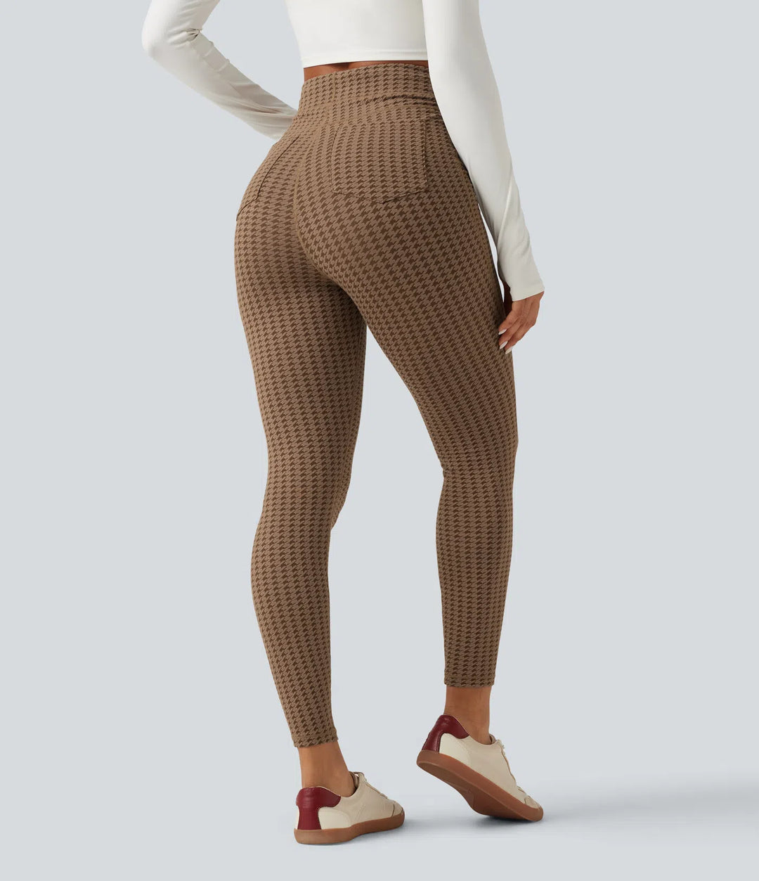 Legginsy do jogi z wysokim stanem i kieszeniami w pepitkę