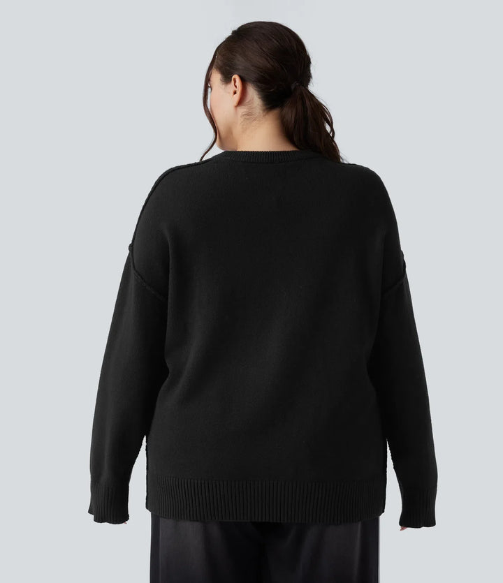 Z okrągłym dekoltem z opuszczonym ramieniem z długim rękawem na co dzień plus size sweter