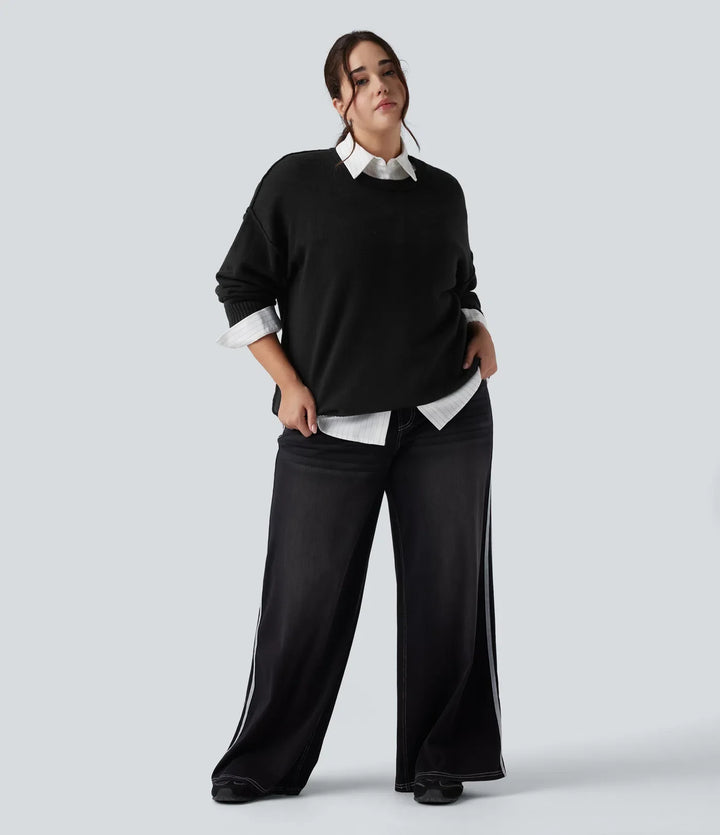 Z okrągłym dekoltem z opuszczonym ramieniem z długim rękawem na co dzień plus size sweter