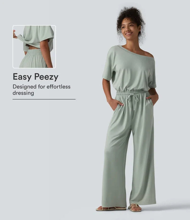 Z dekoltem łódka z krótkim rękawem ze sznurkiem baggy kombinezon na co dzień z kieszeniami – edycja Easy Peezy
