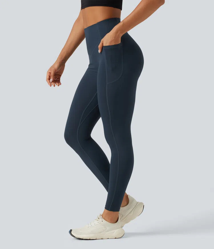 Halara UltraSculpt legginsy treningowe modelujące z wysokim stanem, marszczeniem podkreślającym pośladki, kontrolą brzucha i kieszeniami