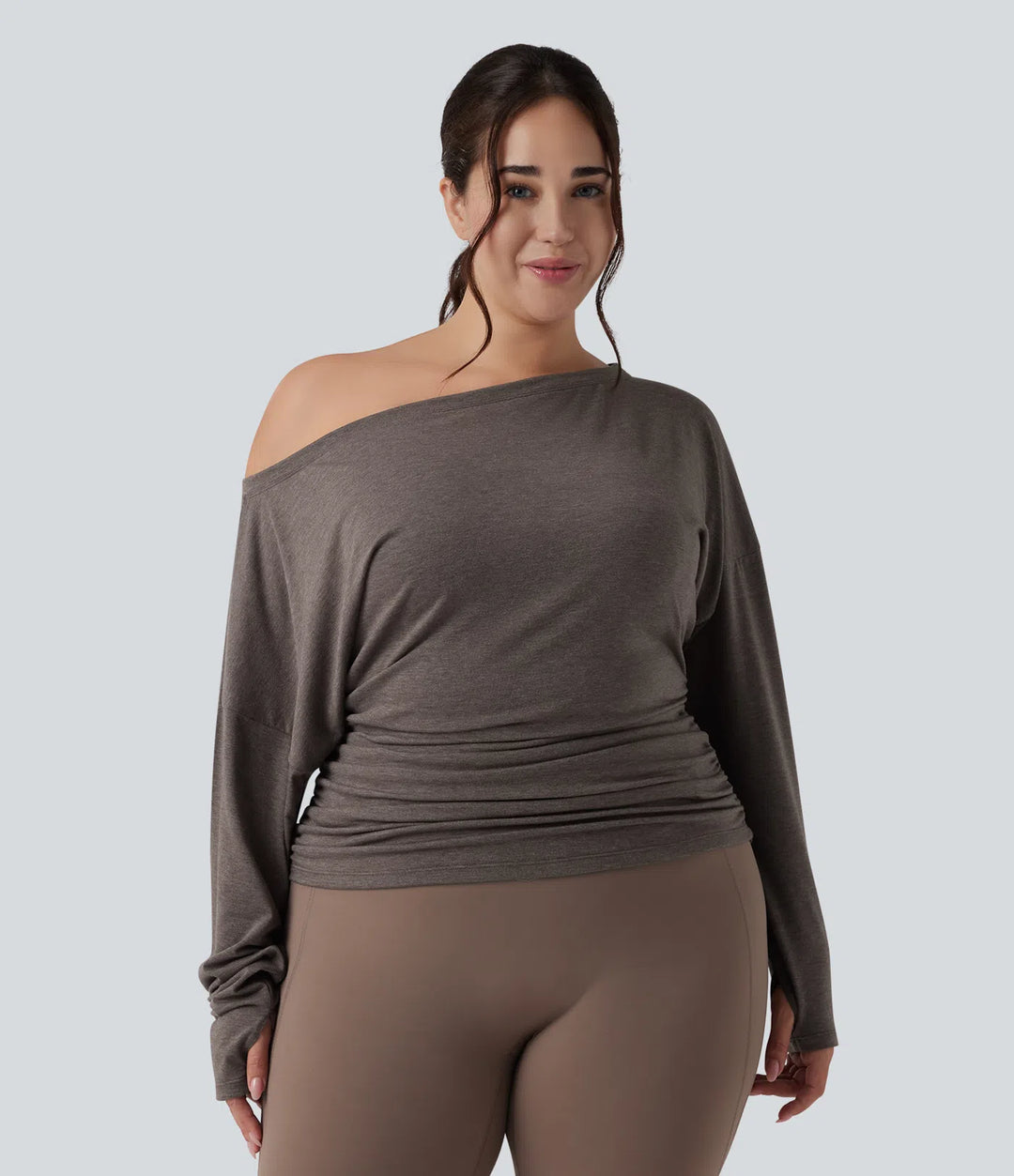 Top sportowy plus size na jogę, na jedno ramię, z długim rękawem, z otworem na kciuk i marszczeniem
