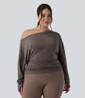 Top sportowy plus size na jogę, na jedno ramię, z długim rękawem, z otworem na kciuk i marszczeniem