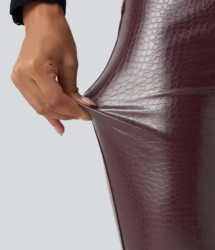 Z wysokim stanem wzór skóry węża print elastyczny PU polarowy legginsy na co dzień z kieszeniami
