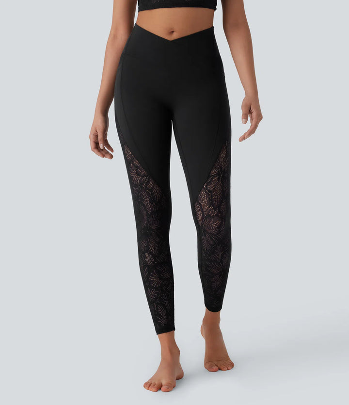 SoftlyZero legginsy do jogi 7/8 z wysokim stanem, przekładaną kieszenią i kontrastową koronką