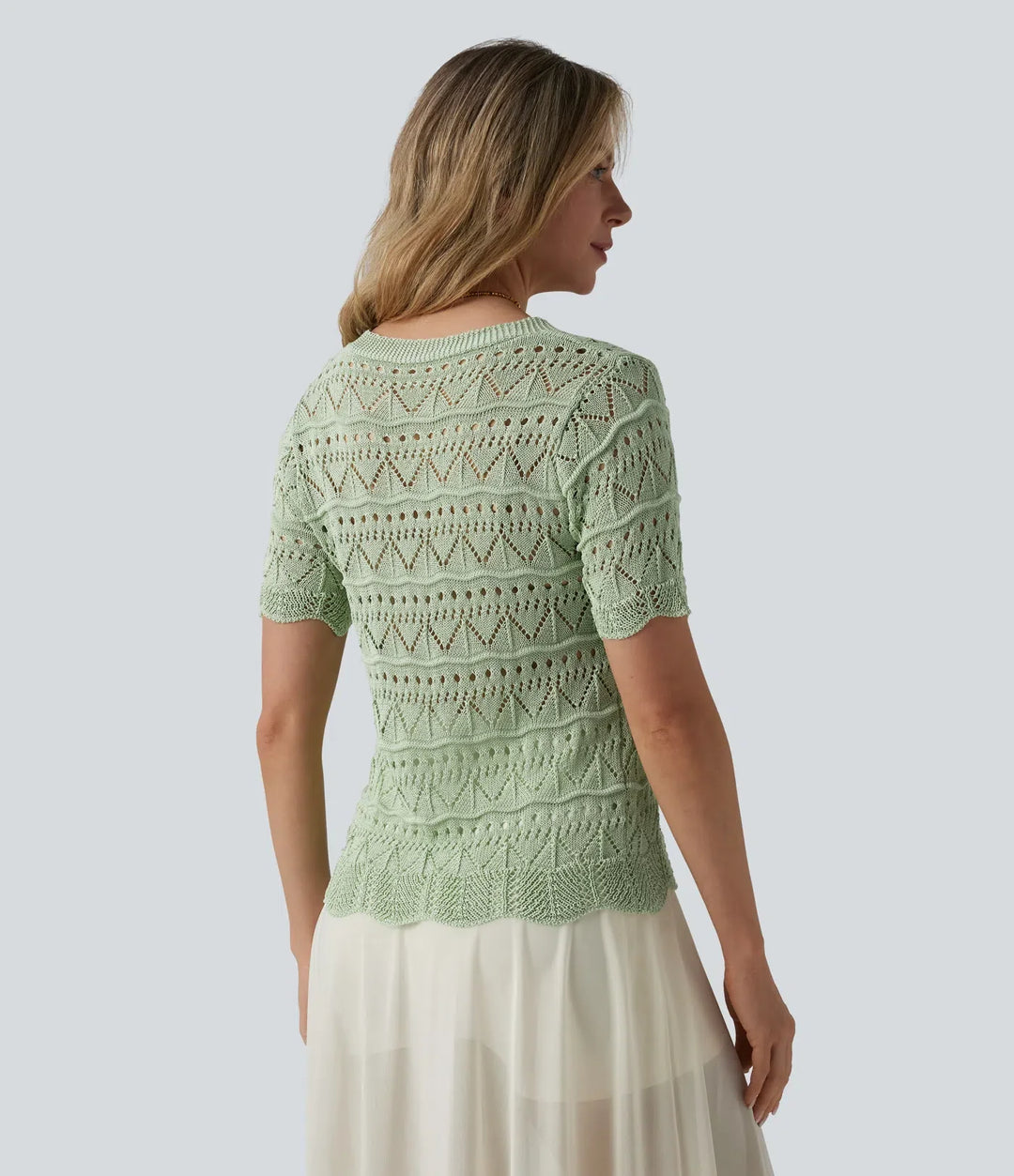 Z dekoltem V z krótkim rękawem falowany brzeg Hem Crochet resortowy kardigan
