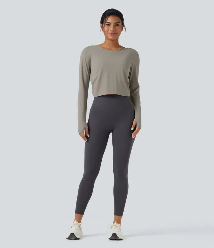 SoftlyZero QuickDry z odkrytymi plecami skręcany tył z długim rękawem z otworami na kciuki 2-in-1 joga top sportowy