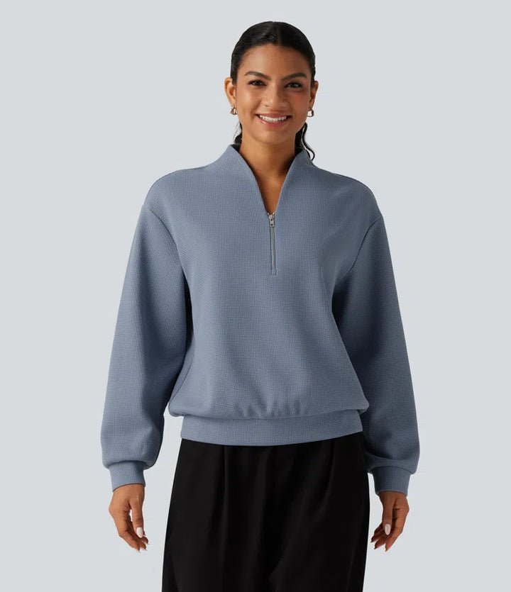 Bluza w stylu casual z dekoltem w serek, długimi rękawami i waflową fakturą