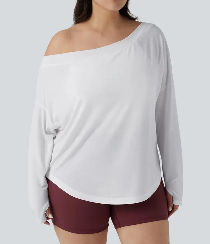 Na jedno ramię z długim rękawem z otworem na kciuk z zaokrąglonym dołem High Low szybkoschnący joga plus size top sportowy-z wbudowanym biustonoszem
