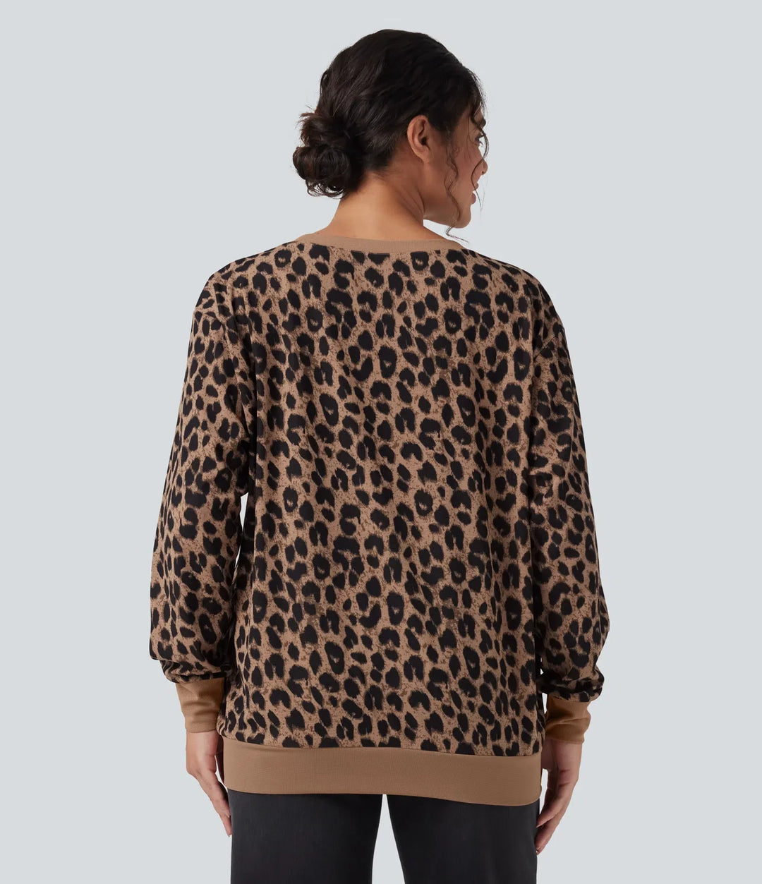 Z okrągłym dekoltem i długim rękawem Leopard waflowy oversize bluza na co dzień z kieszeniami