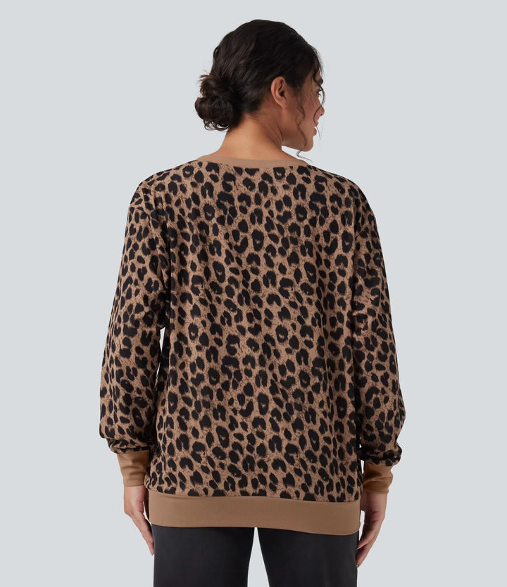 Z okrągłym dekoltem i długim rękawem Leopard waflowy oversize bluza na co dzień z kieszeniami
