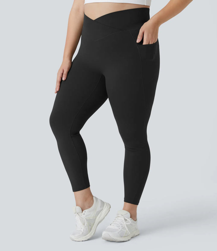 SoftlyZero legginsy z wysokim stanem, z krzyżowanym pasem, z kieszenią, gładkie, w rozmiarach plus, o pełnej długości