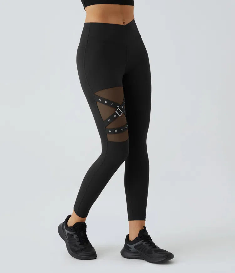 DayStretch legginsy do jogi z wysokim stanem, krzyżowanym przodem, kontrastową siateczką i ozdobną klamrą
