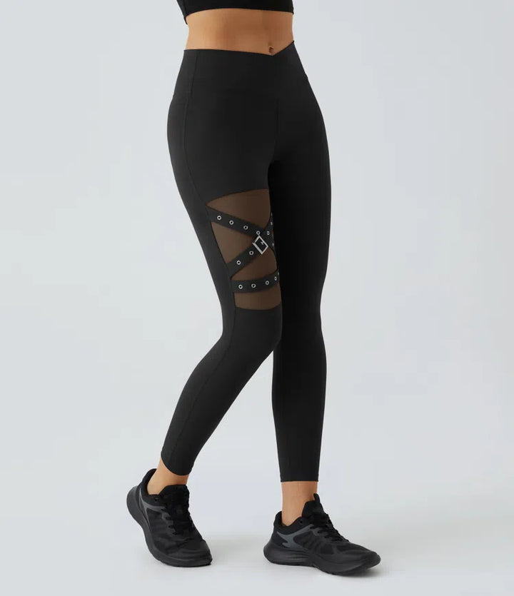 DayStretch legginsy do jogi z wysokim stanem, krzyżowanym przodem, kontrastową siateczką i ozdobną klamrą