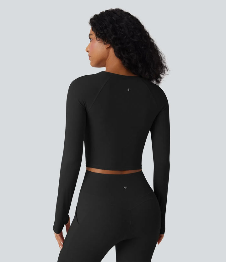 SoftlyZero QuickDry z wycięciem z długim rękawem z otworem na kciuk krótki fason joga top sportowy