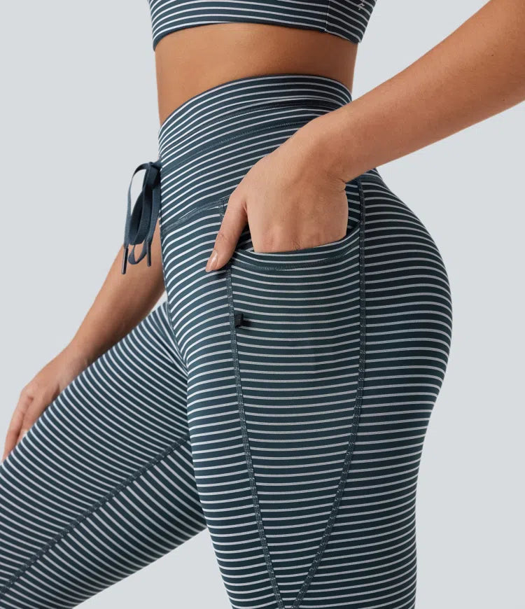 Legginsy do jogi w paski z wysokim stanem, sznurkiem i kieszeniami