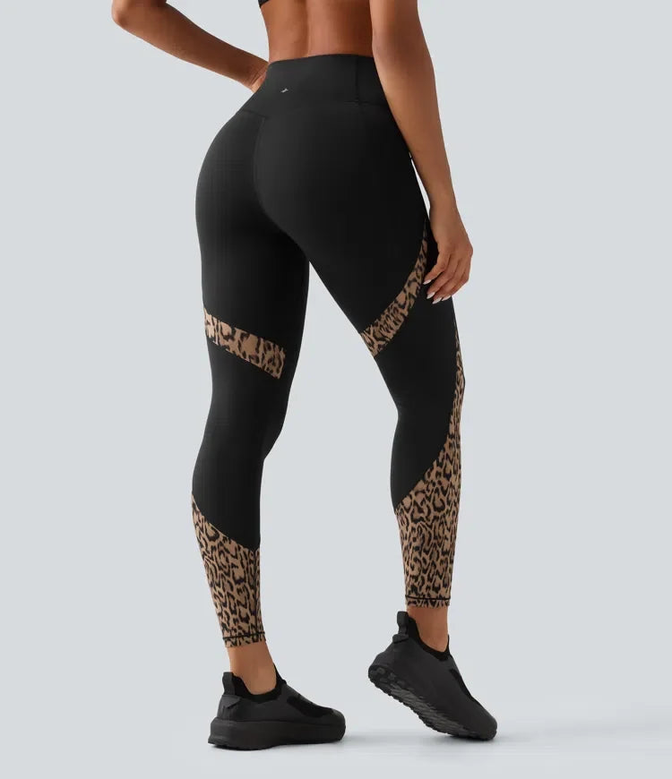 Z wysokim stanem skinny kontrastowa siateczka w panterkę kolor block legginsy do jogi z kieszeniami