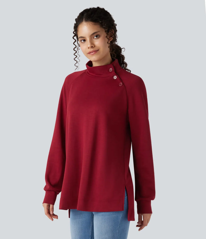 Z półgolfem z długim rękawem z rozcięciem high-low luźny bluza na co dzień