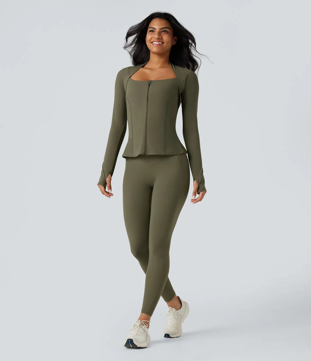 Milejka UltraSculpt push-up z długim rękawem z otworem na kciuk zamek z falbankowym dołem joga Curvy kurtka