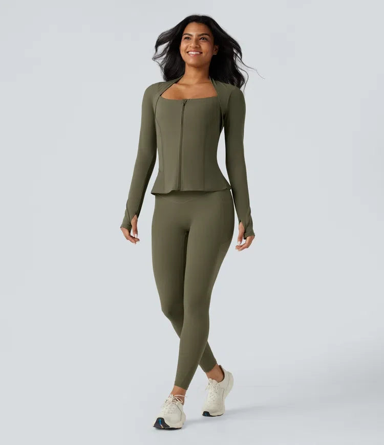 Milejka UltraSculpt push-up z długim rękawem z otworem na kciuk zamek z falbankowym dołem joga Curvy kurtka