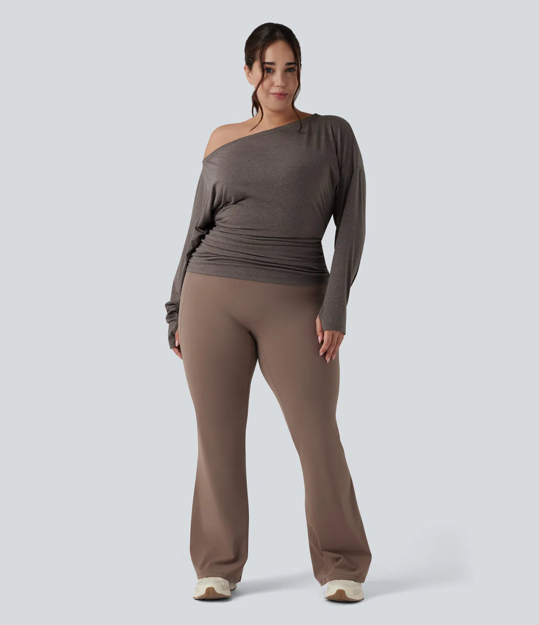 Top sportowy plus size na jogę, na jedno ramię, z długim rękawem, z otworem na kciuk i marszczeniem