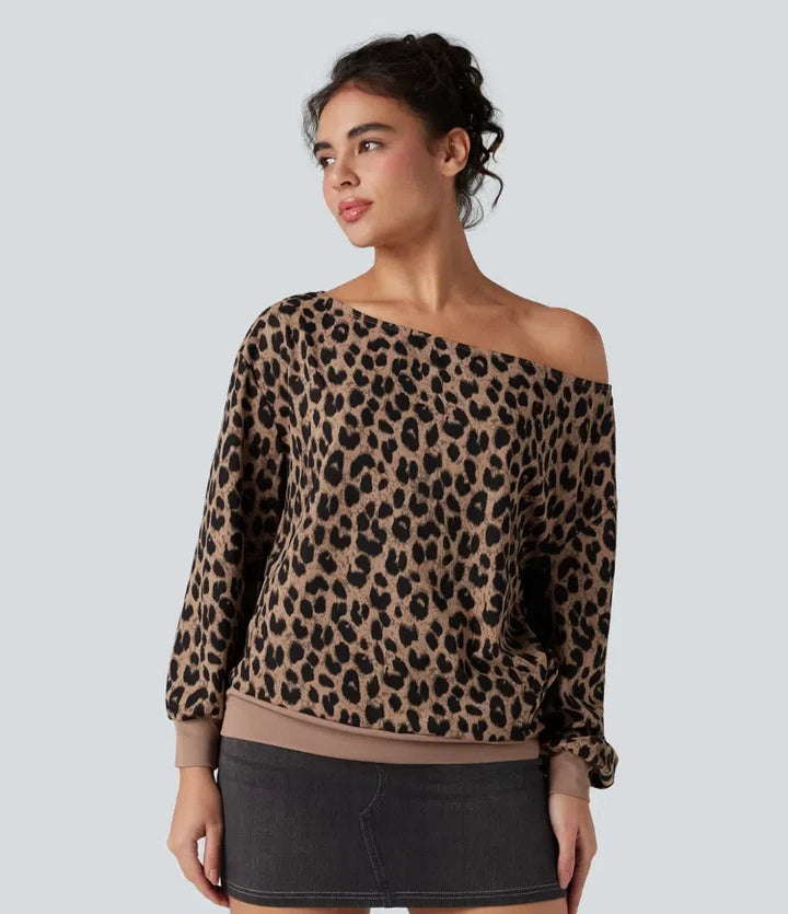 Na jedno ramię z długim rękawem waflowy Leopard bluza na co dzień z kieszeniami